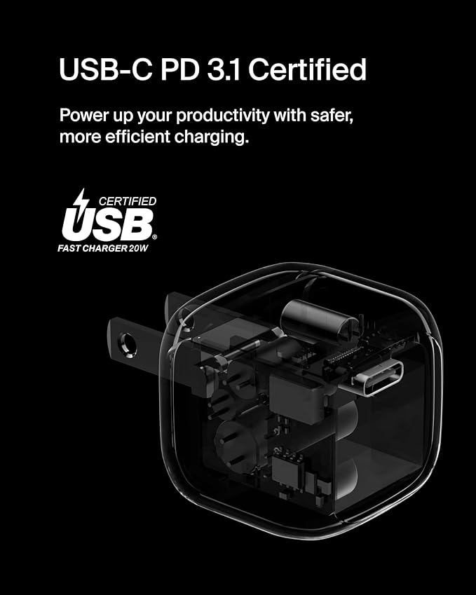 Belkin USB C Charger Block 20W, Fast Charging Block, Type C Wall Charger, USB C Cable Included Compatible w/Apple iPhone 17, Air, Pro, Samsung Galaxy S25, Google Pixel 10, iPad, AirPods, etc. - White