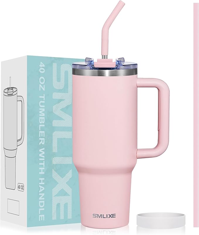 40 oz Tumbler with Handle and Straw Lid,Insulated Reusable Stainless Steel Water Bottle Travel Mug，Cupholder Friendly Double Wall Vacuum Sealed Cup (Pink)