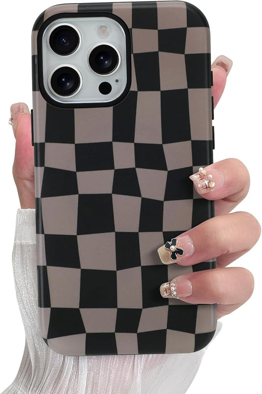 SOKAD Magnetic Checkered Phone Case for iPhone 15 Pro, Cute Grids Plaid Checkerboard Pattern Compatible with Magsafe Matte Protective Case Cover with Screen Protector for Girls Women, Black & Brown
