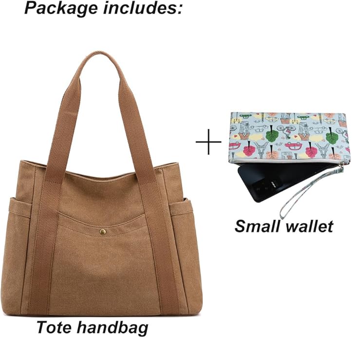 Women's Canvas Tote Handbags Multi-pocket Retro Casual Shoulder Bag Top Handle Satchel Tote Purse