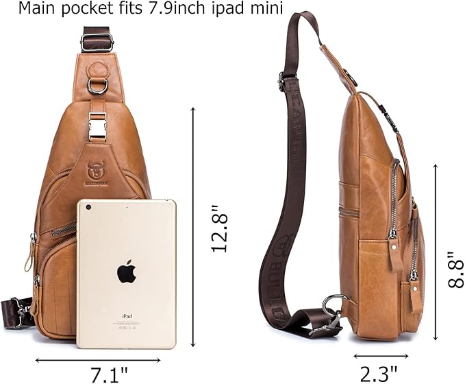 BULLCAPTAIN Men Sling Chest Bag Genuine Leather Casual Multipurpose Crossbody Shoulder Backpack Travel Hiking Daypack (Yellowish brown)