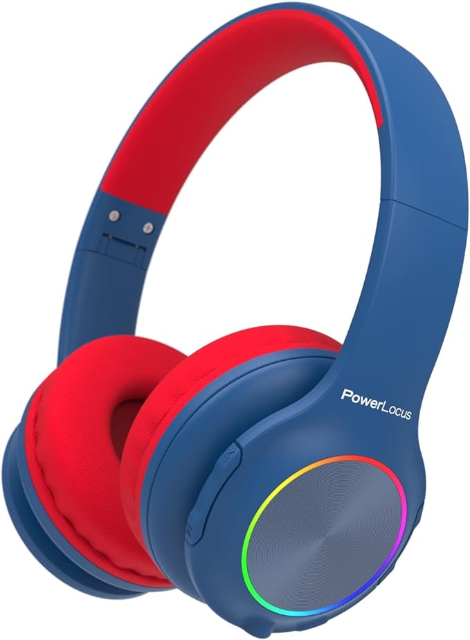PowerLocus PLED Kids Bluetooth Headphones, Kids Wireless Headphones with LED Lights, 74/85/94dB Safe Volume, Micro SD, AUX Cable, Hi-Fi Stereo, Built-in Mic Over Ear Kid Headphone for Travel/Tablet/PC