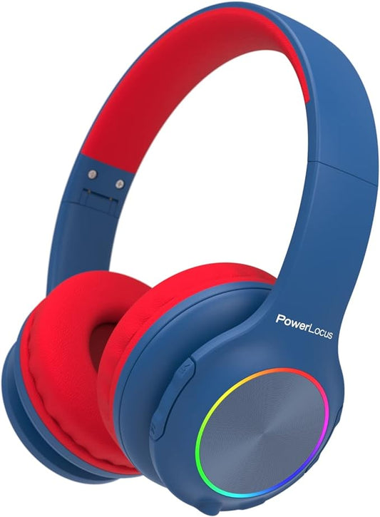 PowerLocus PLED Kids Bluetooth Headphones, Kids Wireless Headphones with LED Lights, 74/85/94dB Safe Volume, Micro SD, AUX Cable, Hi-Fi Stereo, Built-in Mic Over Ear Kid Headphone for Travel/Tablet/PC