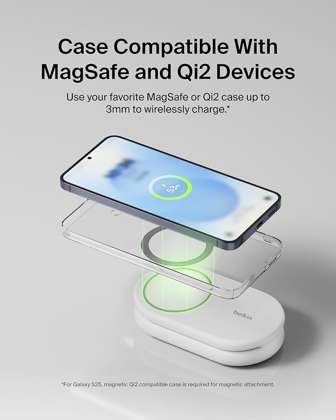 Belkin MagSafe-Compatible Charger, 2-in-1 Magnetic Foldable Charger 15W - Qi2-Certified Wireless Charging for Apple iPhone 16, Apple Watch, Samsung Galaxy S25 w/Non-Slip Base, PSU Included - White