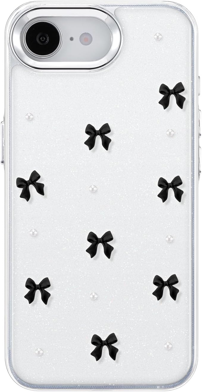 EYZUTAK Case for iPhone 16e, Bling Glitter 3D Bowknot Phone Case Cute Sparkly Crystal Clear Bow Aesthetic Design Cover Slim Soft Durable TPU Transparent Protective Cover for Women Girl - Black Bow