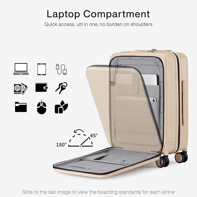 Hanke Grace Carry On Luggage with Wheels Airline Approved Hard Shell Suitcases with Front Pocket，Top Opening Luggage with TSA Lock for Short Business Travel， Cuban Sand.