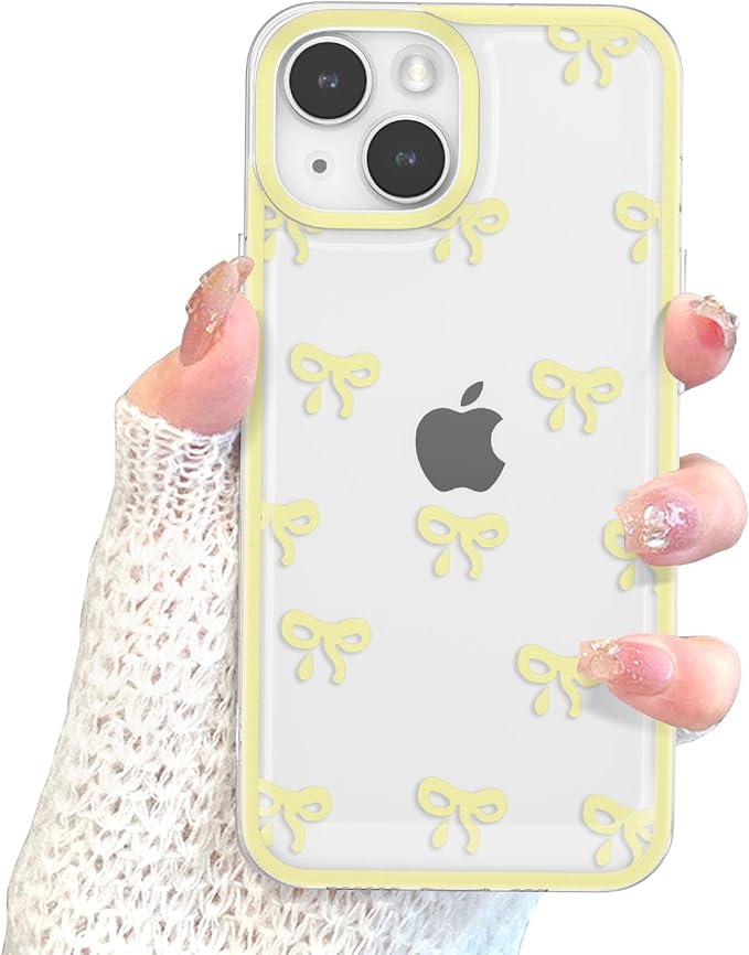 EYZUTAK Case for iPhone 14, Clear Cute Ribbon Bowknot Pattern Aesthetic Transparent Phone Case Raised Camera Protection Stylish Slim Soft Durable TPU Protective Cover for Women Girls - Yellow