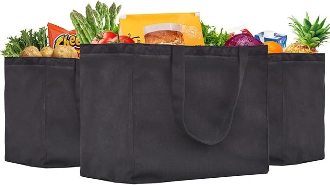 3 Pack Heavy Duty Reusable Canvas Grocery Bags, Holds 60 lbs, 8.3 gal Multi-Purpose Washable Bags with 5 Pockets, Black