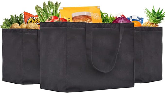 3 Pack Heavy Duty Reusable Canvas Grocery Bags, Holds 60 lbs, 8.3 gal Multi-Purpose Washable Bags with 5 Pockets, Black