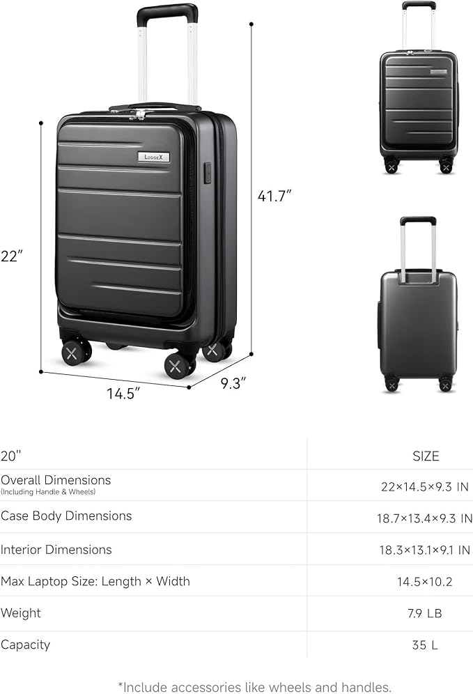 LUGGEX Carry On Luggage 22x14x9 Airline Approved, Polycarbonate Hard Suitcase with Front Pocket (Charcoal Metallic, 20 Inch, 35L)