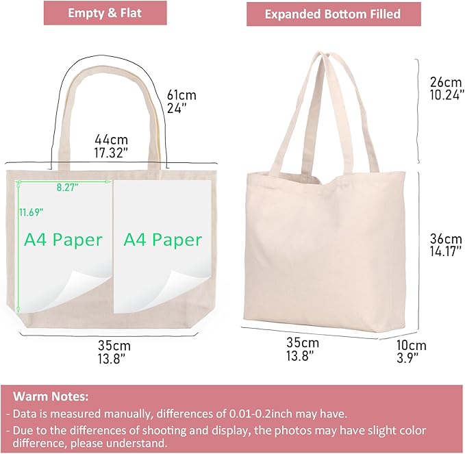 Koolmox Canvas Tote Bags, 6PCS 17x14x3.9'' Heavy Duty Canvas Bags with Reforce Handles and Widened Bottom, Reusable Washable Tote Bag Bulk Blank to DIY Art Crafts Print Women Grocery Teacher