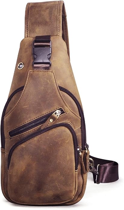 Le'aokuu Men Fashion Casual Tea Designer Travel Hiking Crossbody Chest Sling Bag Rig One Shoulder Strap Bag Men Leather 8015