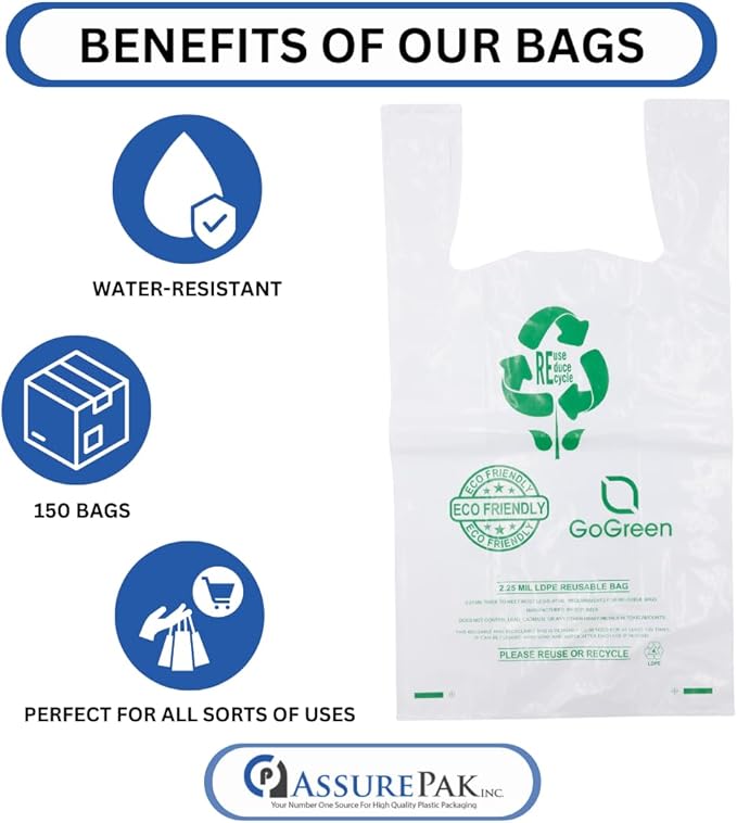 White Reusable/Eco-Friendly LDPE T-Shirt - 1/5 BBL 13"X9"X23" - 150 Bags - 57 Micron (2.25 mil) - White - WHLD225MREUSE1323 - AssurePak