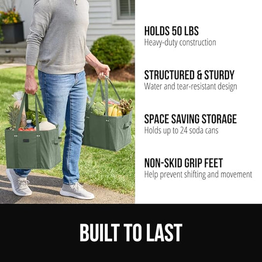 GORILLA GRIP Heavy Duty Foldable Reusable Grocery Bags, Tear Resistant Box Shape Shopping Tote with Reinforced Handles, Grip Feet, Easily Carry and Transport Groceries, 1 Pack, 13x10x11, Sage Green