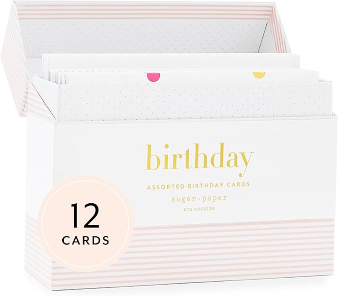 Sugar Paper Birthday Card Box, Greeting Assortment, Set of 12 Birthday Cards and Envelopes, Blank Inside, 6.25" x 2" x 5" Storage Box, 4.25" x 5.5"