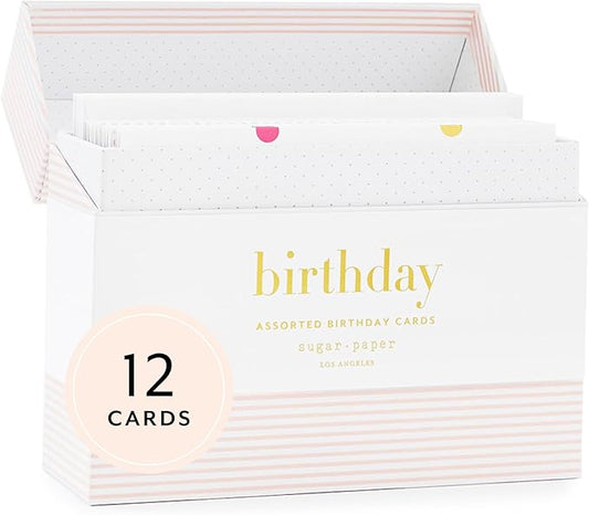 Sugar Paper Birthday Card Box, Greeting Assortment, Set of 12 Birthday Cards and Envelopes, Blank Inside, 6.25" x 2" x 5" Storage Box, 4.25" x 5.5"