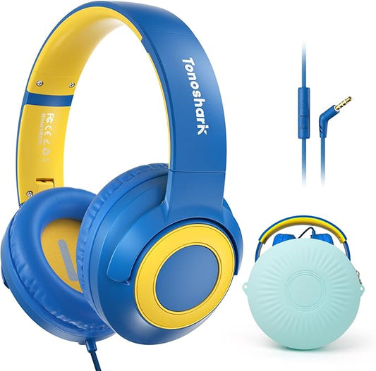 Kids Wired Headphones with Microphone, Volume Limited to 85/94dB Earphone for Boys & Girls, Foldable 3.5mm Jack Headset for School & Travel, Includes Portable Case
