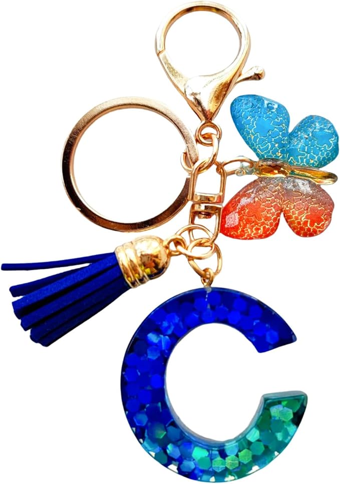 Cute Initial Letter Keychains for Women Girls Tassel Butterfly Pink Purple Green Keychain for Backpack School Bag