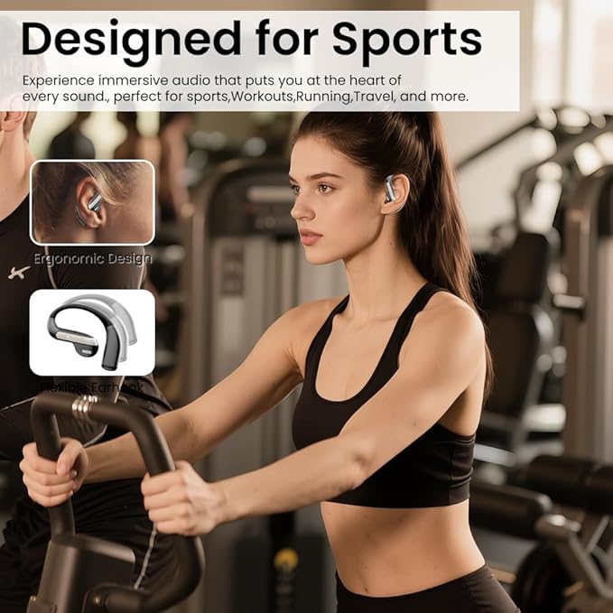 Wireless Earbuds Bluetooth Headphone Sport, 2025 Bluetooth Earbuds Stereo Deep Bass Over Ear Bud with Earhooks, ENC Noise Cancelling Mic,Waterproof Earphone for Workout/Running-Black