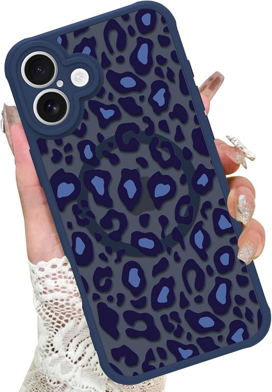 KANGHAR Case for iPhone 16 Plus Blue Leopard Printed Pattern Cute Cheetah [Compatible with Magsafe] Protective Magnetic Case for Girls Women 6.7"