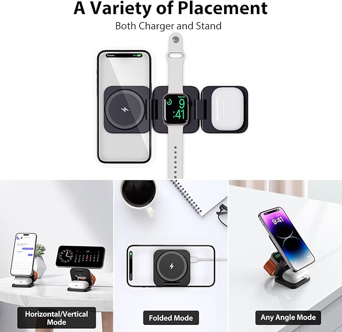 Fast Wireless Charger, Magnetic Foldable 3 in 1 Charging Station for iPhone 17/16/15/14/13/12/Pro/Plus/Pro Max, 5W Portable Charger for Apple Watch10/9/8/7/6/5/4/3/SE, for Airpods3/2/Pro-Black