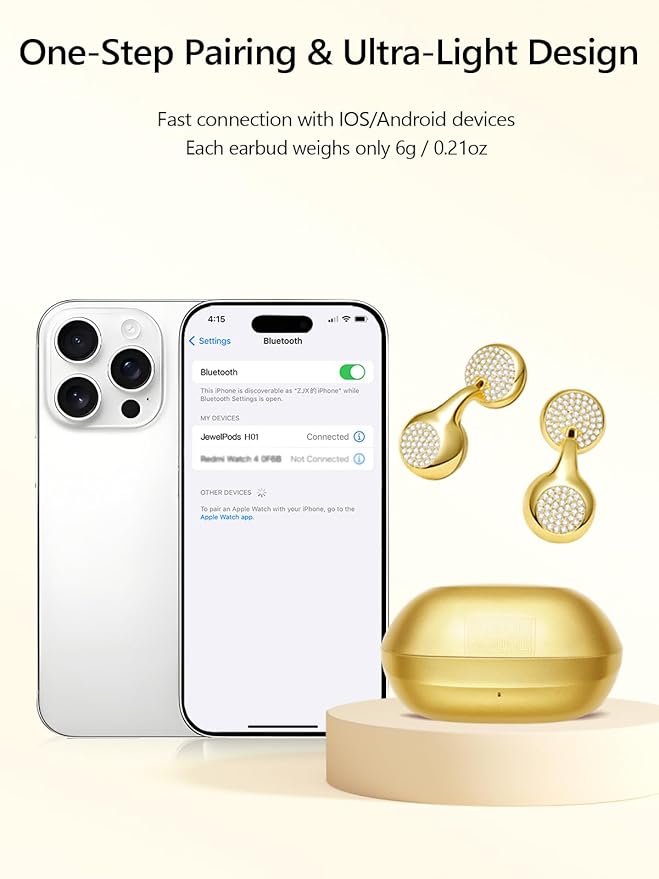 JewelPods H01 Wireless Earbuds, Pretty Bluetooth Headphones for Small Ears, Teardrop Design Metal Earbuds with Premium Sound, AI Clear Call & 72H Play, Unique Gift for Her, Yellow Gold