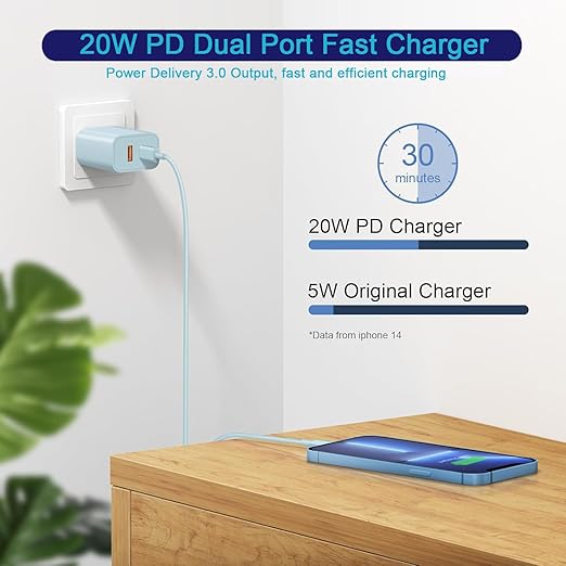 USB C Wall Charger Block, 3Pack 20W Dual Port PD Fast iPhone 16/15 Charger USB C Wall Charger Adapter + USB A Quick Charging Brick Plug for iPhone 15/14/13/12/11/Pro Max/Plus/XS/XR/X,iPad,AirPods-Blue