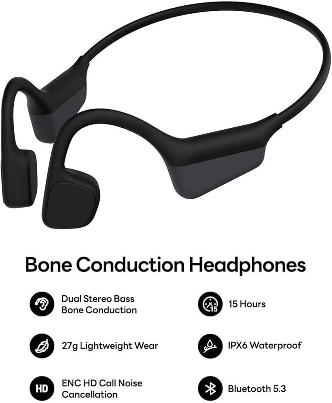 Bone Conduction Headphones, Open Ear Headphones Wireless Bluetooth, 15H Playtime, Dual Stereo Bass Technology, 27g Lightweight Wear, Call Noise Cancellation, IPX6 Waterpoof for Commuting, Walking