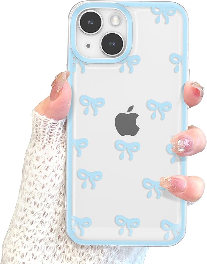 EYZUTAK Case for iPhone 14, Clear Cute Ribbon Bowknot Pattern Aesthetic Transparent Phone Case Raised Camera Protection Stylish Slim Soft Durable TPU Protective Cover for Women Girls - Blue