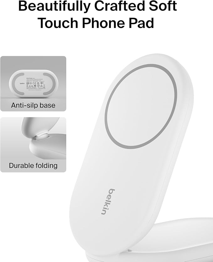 Belkin MagSafe-Compatible Charger, 2-in-1 Magnetic Foldable Charger 15W - Qi2-Certified Wireless Charging for Apple iPhone 16, Apple Watch, Samsung Galaxy S25 w/Non-Slip Base, PSU Included - White