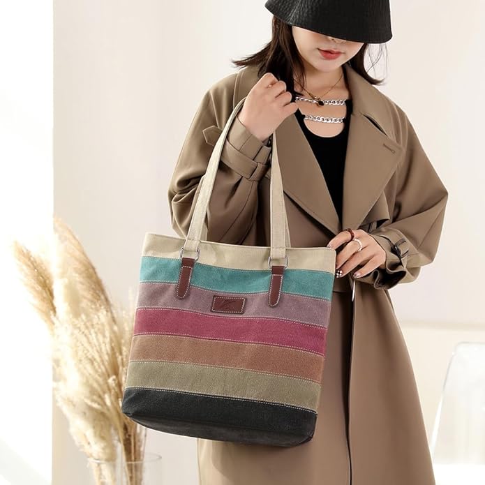 Striped Canvas Tote Bag - Multi-Color Crossbody Shoulder Purse Tote-Handbag for Women