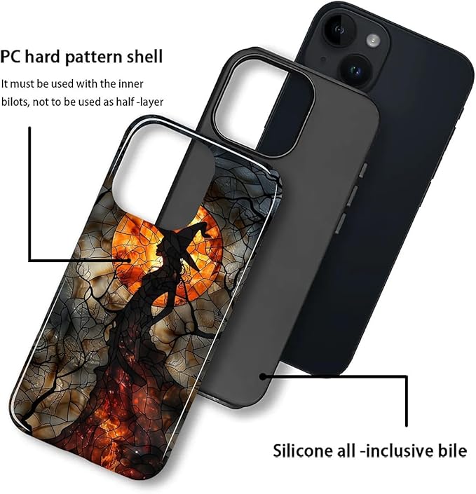 Case for iPhone 13 iPhone 14 Case,Halloween Witch Moon Stained Glass Design Hybrid Dual Protection Silicone + Hard PC Shockproof Full Body Cover,Slim Anti-Scratch Protective for Men Women