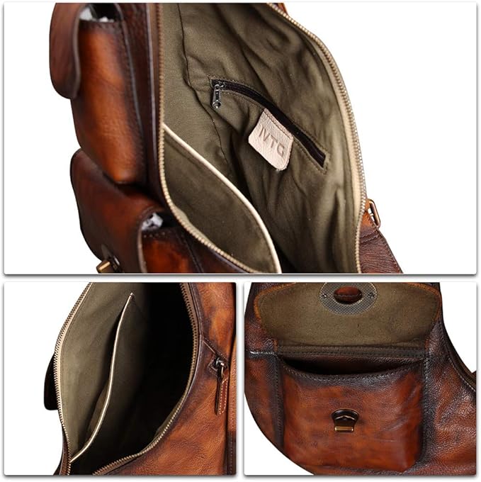 Genuine Leather Large Sling Bag for Men and Women Vintage Real Leather Sling Backpack Shoulder Crossbody Bag Chest Bag