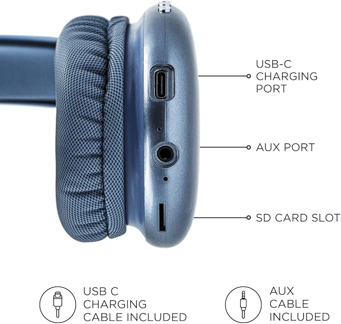 iJoy Ultra Wireless Headphones with Microphone- Rechargeable Over Ear Wireless Bluetooth Headphones with 10Hr Playtime, SD Slot, Backup Wire- Soft Cushion Wireless Headset with Mic (Blue)