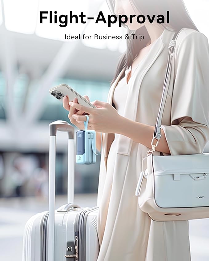 Portable Charger, 65W Power Bank Fast Charging, USB C Battery Pack with Built in Cable, 4 Outputs Powerbank, Travel Essentials Compatible with iPhone 17 16 15 14 13 iPad MacBook Pro Samsung Dell XPS