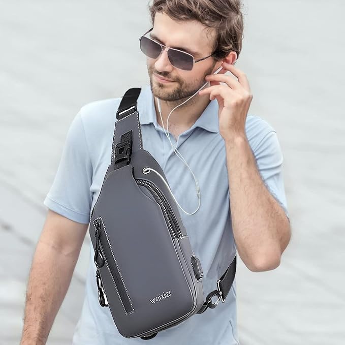 Waterproof Sling Bags Mens Shoulder Crossbody Backpack with USB Charging Port& Headphone,Outdoor Lightweight Bag