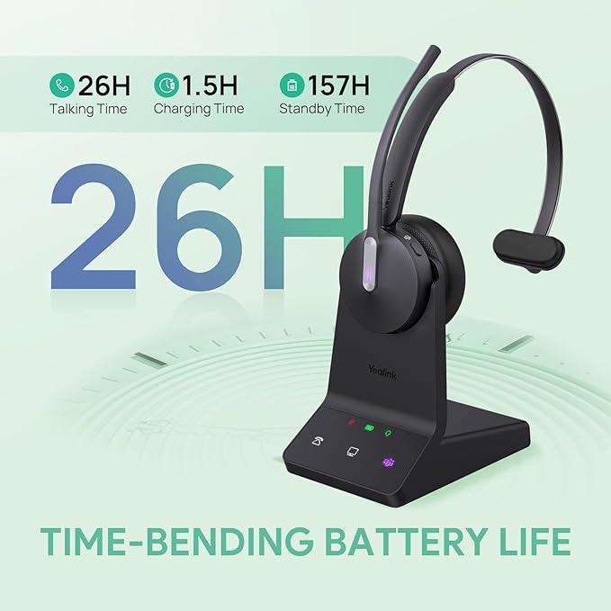 Yealink WH64 DECT & Bluetooth Mono UC Wireless Headset, 606ft Long Range Work Headphones, 3X Noise Cancelling Mic, 26H Calls,Ringtone, Office Single On Ear Headsets (Desk Phone,Laptop,PC,Cellphone)
