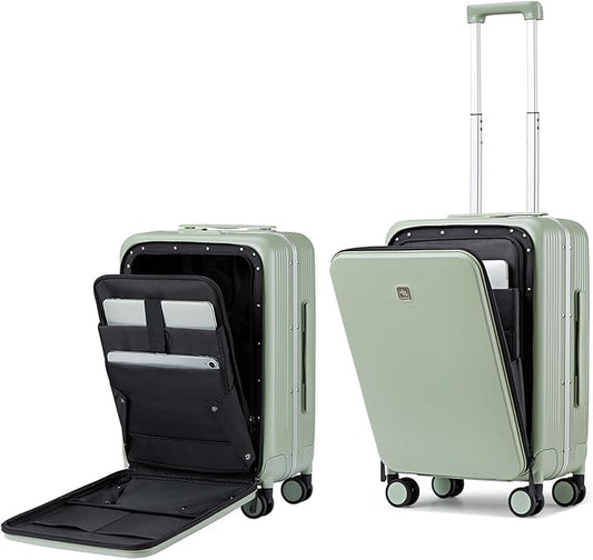 Hanke Grace Hard Shell Suitcases with Wheels,20 Inch Carry On Luggage Airline Approved with Aluminum Frame, Travel suitcase with Front Pocket Travel Luggage for Short Business Trips, Bamboo Green.