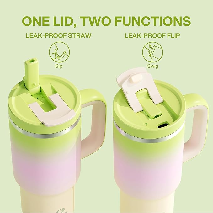 32 oz Tumbler with Handle and Straw: Stainless Steel Insulated Tumbler Keeps Cold for 24 Hours, Leakproof Travel Cup Fits in Cup Holder and BPA-Free, Morning Dew