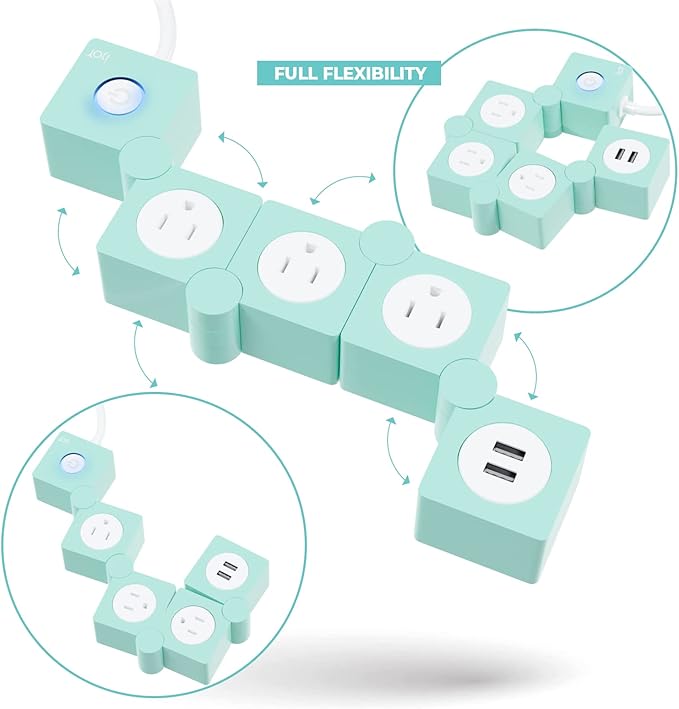 iJoy Flexible Power Strip - 3 AC Outlets and 2 USB Charging Ports with 5 Ft Extension Cord, Green Surge Protector Power Strip, Decorative Surge Protector Outlet Extender for Home, Office, and More