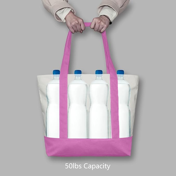 TOPDesign 1-Pack Canvas Tote Bag with an External Pocket, Reusable Grocery Shopping Bag, Top Zipper Closure, Daily Essentials (Light Purple/Natural)