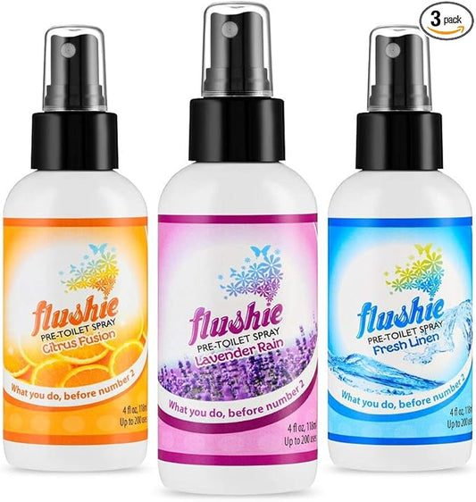 Flushie Pre-Toilet Spray Travel Size Toiletries Bathroom Spray for Toilet Deodorizer - Poop Odor Eliminator 4oz (Assorted Mix, 3 Pack)