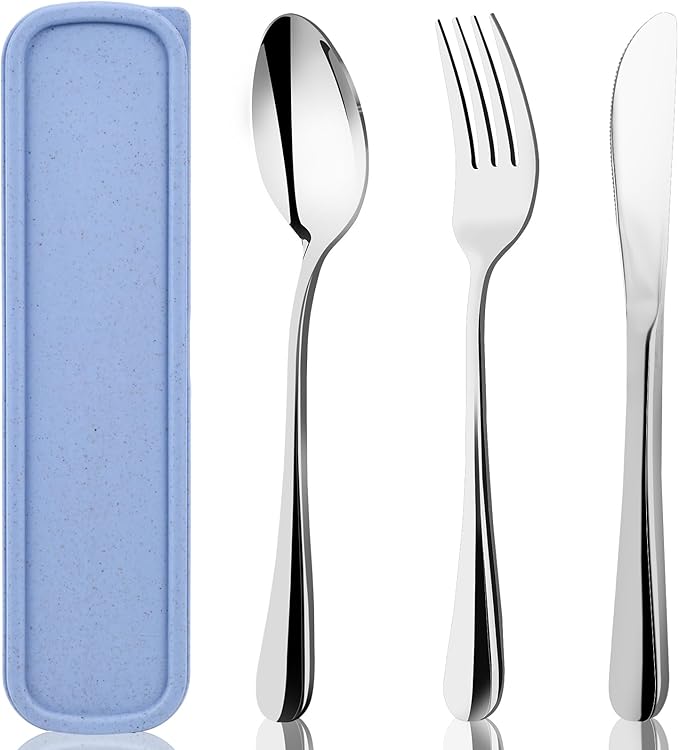 HANSGO 3PCS Portable Utensils Set with Case, Travel Cutlery Set Stainless Steel Utensils Reusable Silverware for Lunch Camping School Picnic Office Dishwasher Safe Blue