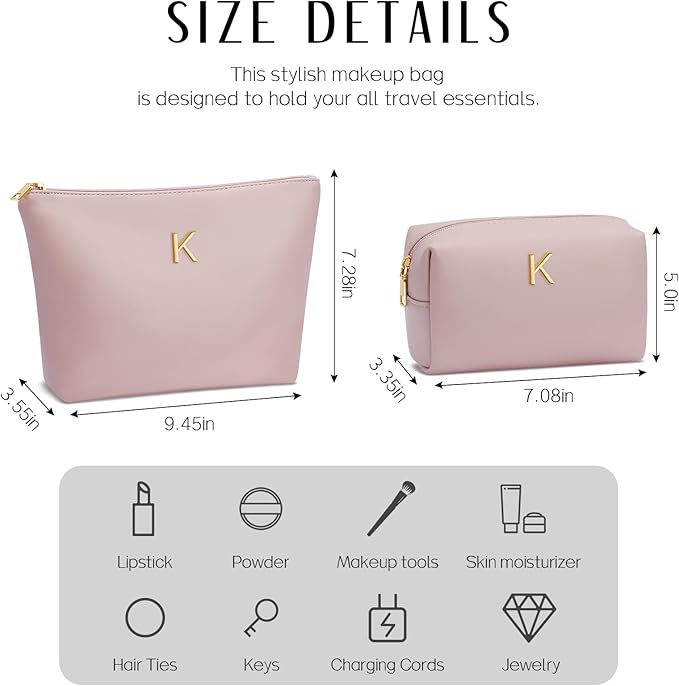 Women Gifts | Initial Makeup Bag Set for Girl Personalized Gifts for Bridesmaid Friend Graduation Teachers PU Leather Cosmetic Travel Toiletry Bag(Pink,K)