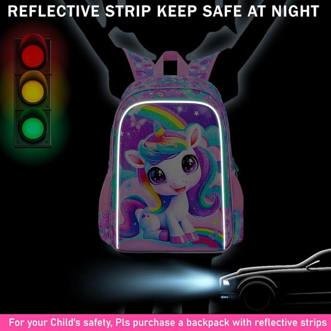 3Pcs Unicorn Backpack for Girls, 16" School Backpacks Set for Elementary Preschool Kindergarten, Kids Bookbag with Lunch Box(Pink)