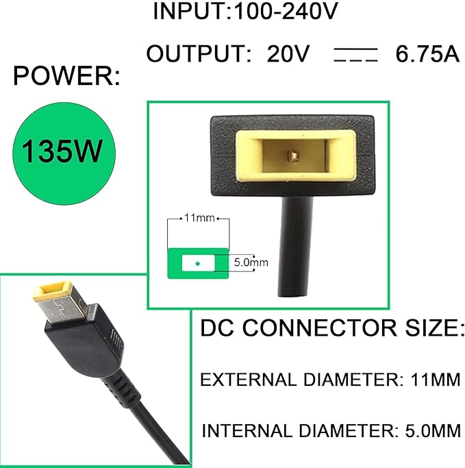 Slim 135W AC Laptop Charger Fit for Lenovo ThinkBook 16p 15P ThinkPad T15p P16v Z16 X1 Extreme Lenovo IdeaPad Pro 5 Slim 3 Creator 5 Yoga Slim 7 and Dock Adapter