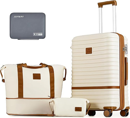 Joyway Expandable 24 Inch Luggage with Spinner Wheels, Lightweight Hard Shell Medium Checked Suitcase, 3 Piece Luggage Sets with TSA Lock, White