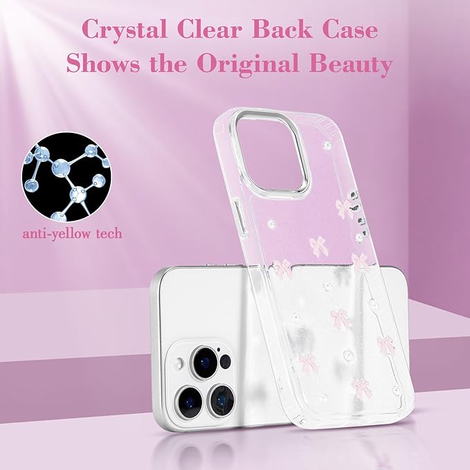 EYZUTAK Case for iPhone 15 Pro Max, Bling Glitter 3D Bowknot Phone Case Cute Sparkly Crystal Clear Bow Aesthetic Design Case Slim Soft Durable TPU Transparent Protective Cover for Women Girl-Pink Bow