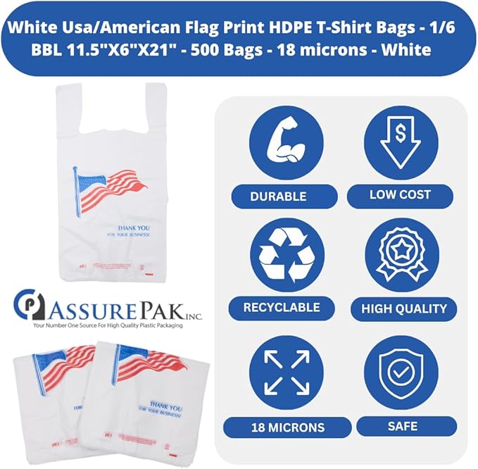 Easy Open HDPE Plastic Bag - 500 Bags/case - "American Flag" White T-Shirt Bag -1/6 BBL 11.5"x 6.5"x 21" - 18 microns - For Retail, Groceries, Merchandise, Convenience Store, Supermarket, Restaurant