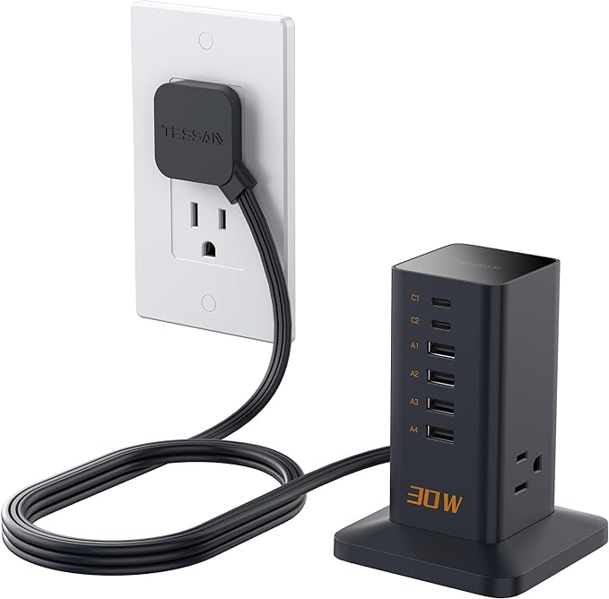 Charging Station 30W, TESSAN 9-in-1 Charger Blocks for iPhone 16/15/14/13, Tablets, Earphone with Surge Protector, 5ft Flat Extension Cord with 4 USB A, and 2 USB C for Home, Office, Dorm, Black